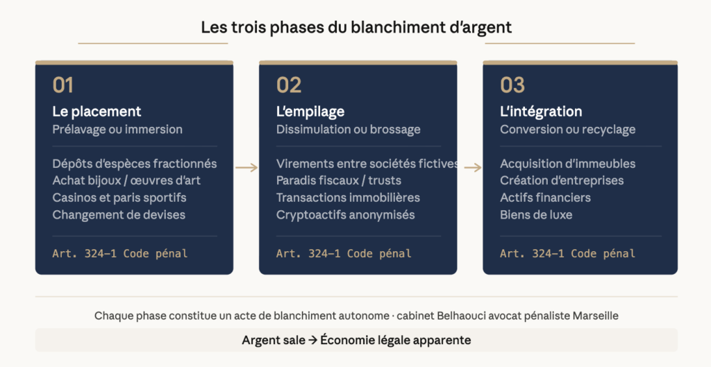 Les trois phases du blanchiment argent-placement-empilage-intégration-cabinet belhaouci-avocat penaliste